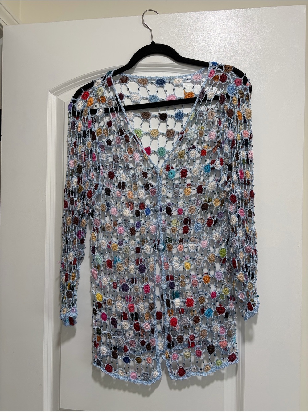 Vintage Y2K Whimsigoth Multi-Color Crochet Beaded Net Cardigan.